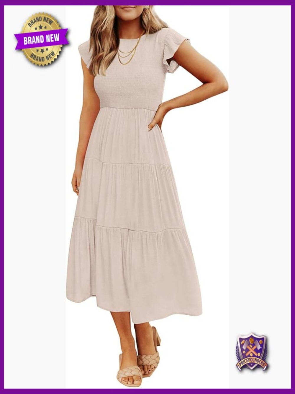 Flutter Short Sleeve Smocked Midi Dress Tiered Casual Fit & Flare